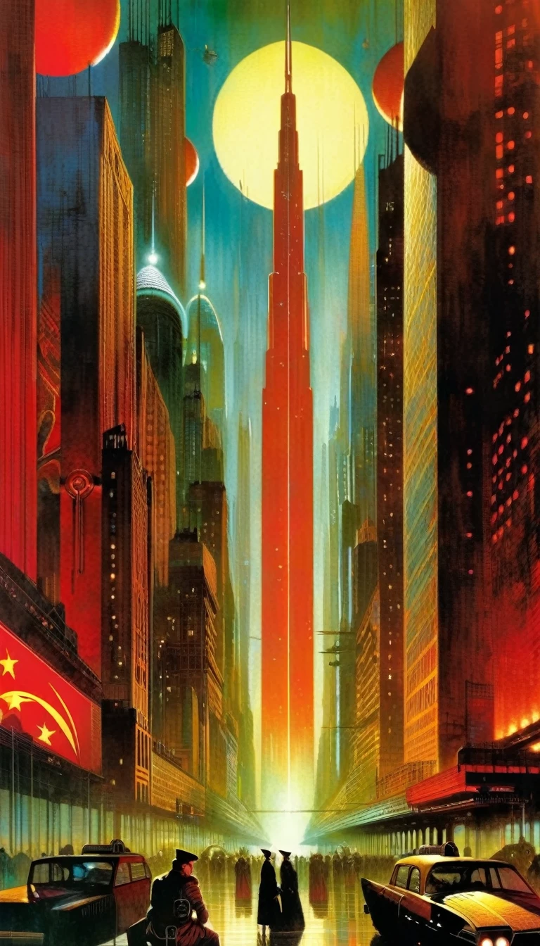 the incredible futuristic city of communism, art inspired by Bill Sienkiewicz and Dave McKean.