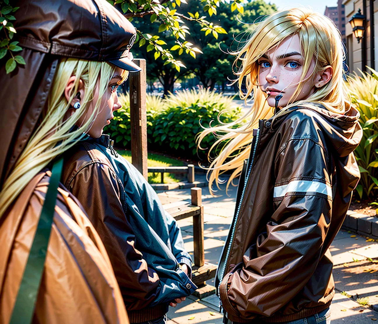 A 20-year-old man standing with casual clothes, (((brown clothes))), blonde hair, long hair, blue eyes, smirking, park background, DSRL, facing the viewer of the photo, eyes staring into the lens, man centered in photo, 8k, best quality, masterpiece, realistic, realistic photo, cinema photo, ultra realistic, 1 person, detailed, Dark Dark Lighting