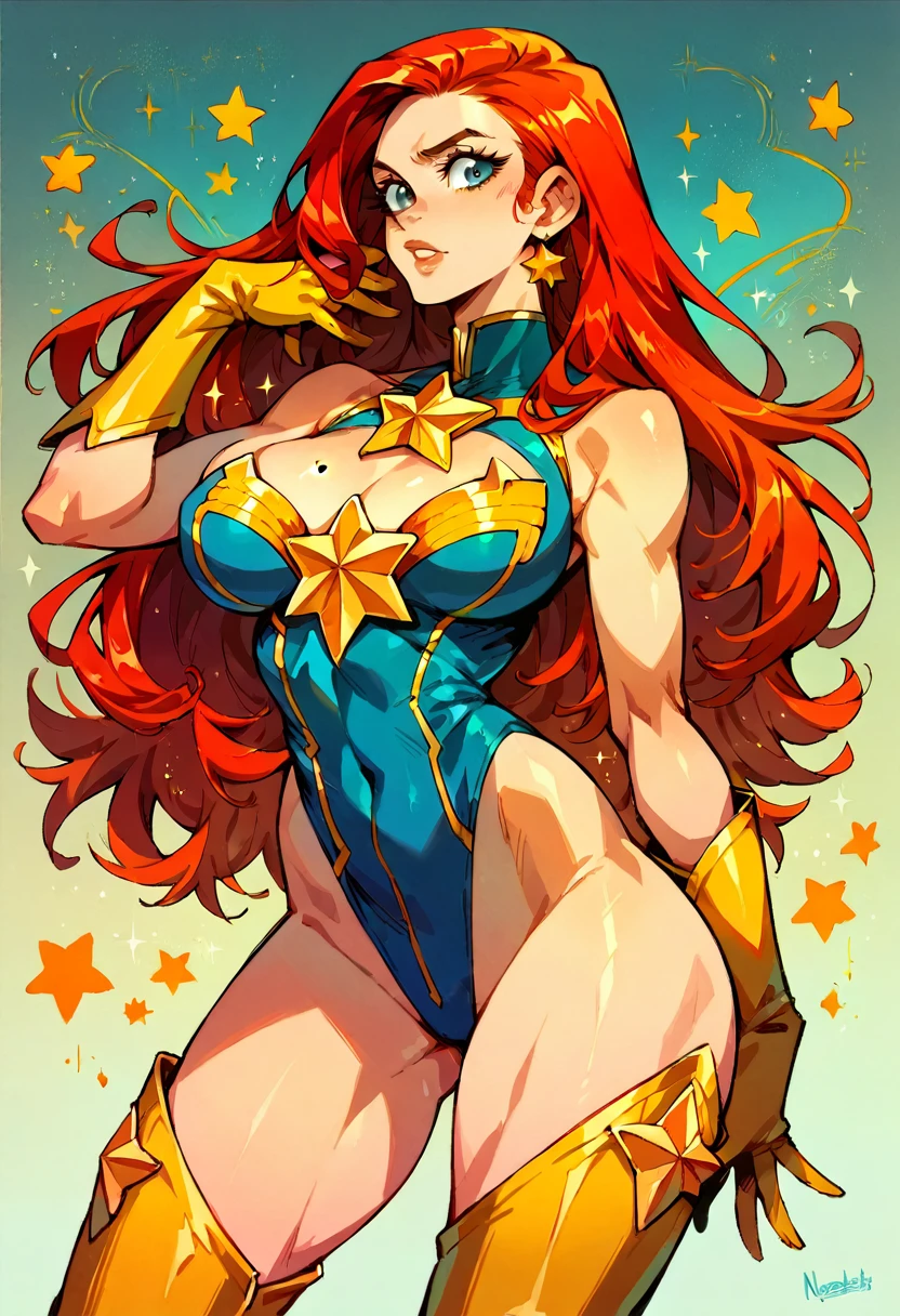 masterpiece, Sexy, Superheroine, Red hair, long hair, busty, ((blue highleg leotard with a t-back thong and a gold star insignia on chest)), gold boots, gold gloves,