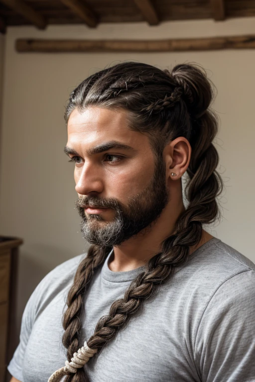 Big hair, three braids above the ears on both sides, hair tied in a ponytail with a handmade rope and a gray beard