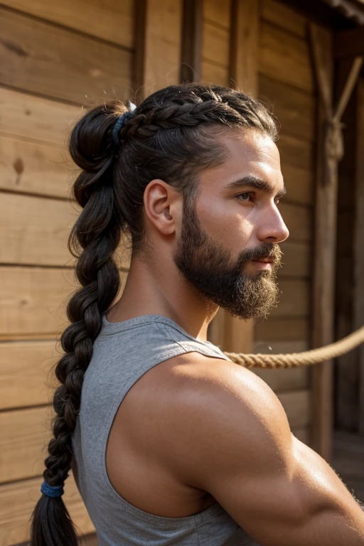 Big hair, three braids above the ears on both sides, hair tied in a ponytail with a handmade rope and a gray beard
