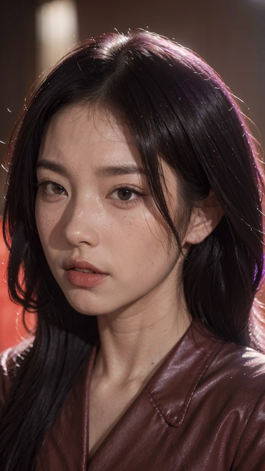 (mid shot), white Asian woman, (long black and purple hair), ((red outfit)), (detailed face), beautiful eyes, lips, nose, (detailed skin), beautiful facial features, detailed surrounding, natural lighting, high quality, ((photorealistic,extremely detailed) ,8k,masterpiece,bright colors, cinematic lighting, (no blurry)