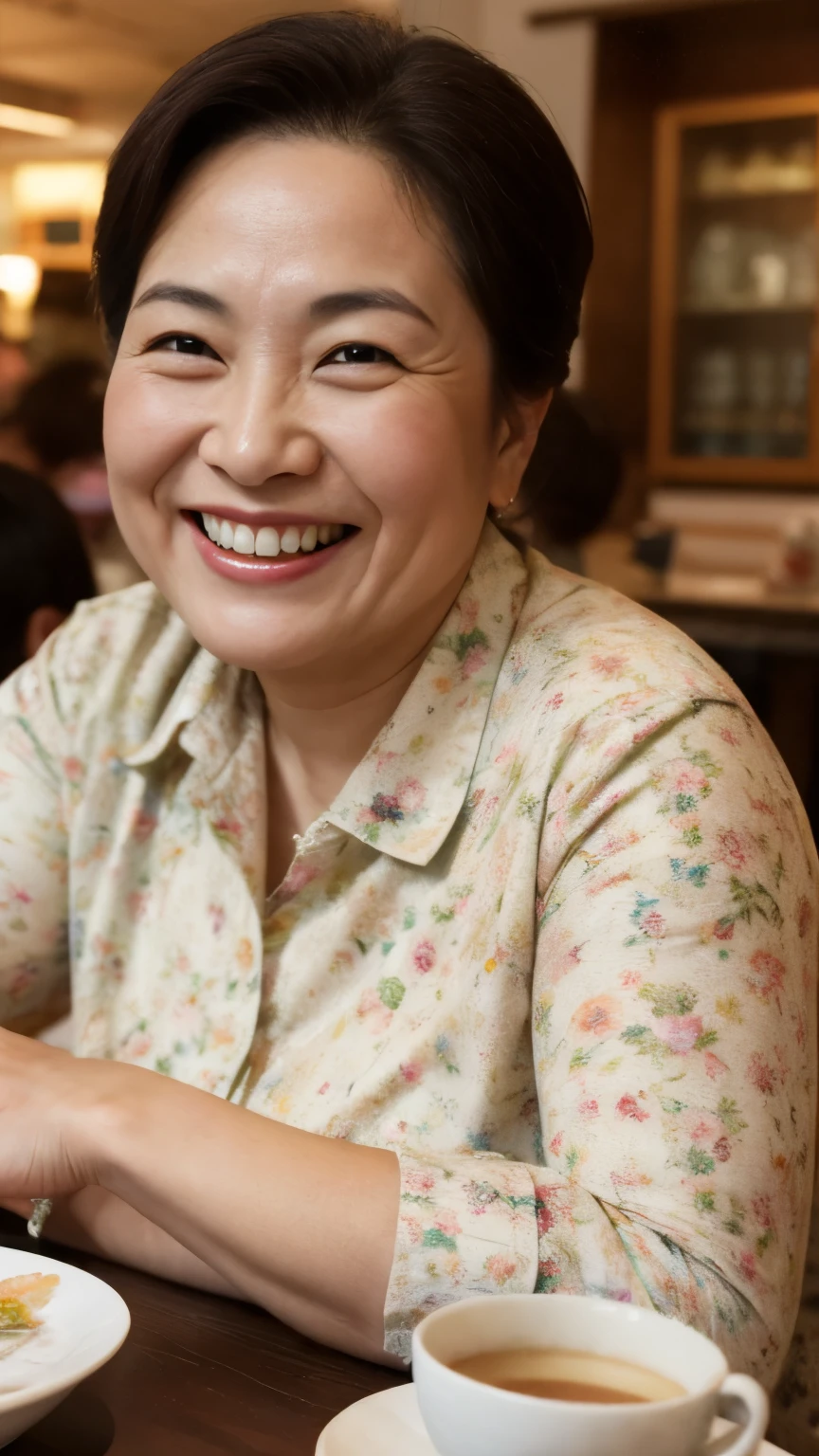 8k wallpaper, masterpiece, Highest quality, Very detailed, One Mature Woman, 50 years old, Become very clear, Wearing a spring-like shirt, Skin dents, Captivating smile, Looking at the audience, , Plump, Curvaceous, Attractive face, Smiling with teeth showing, I was happy, sitting in a cafe, Background Blur