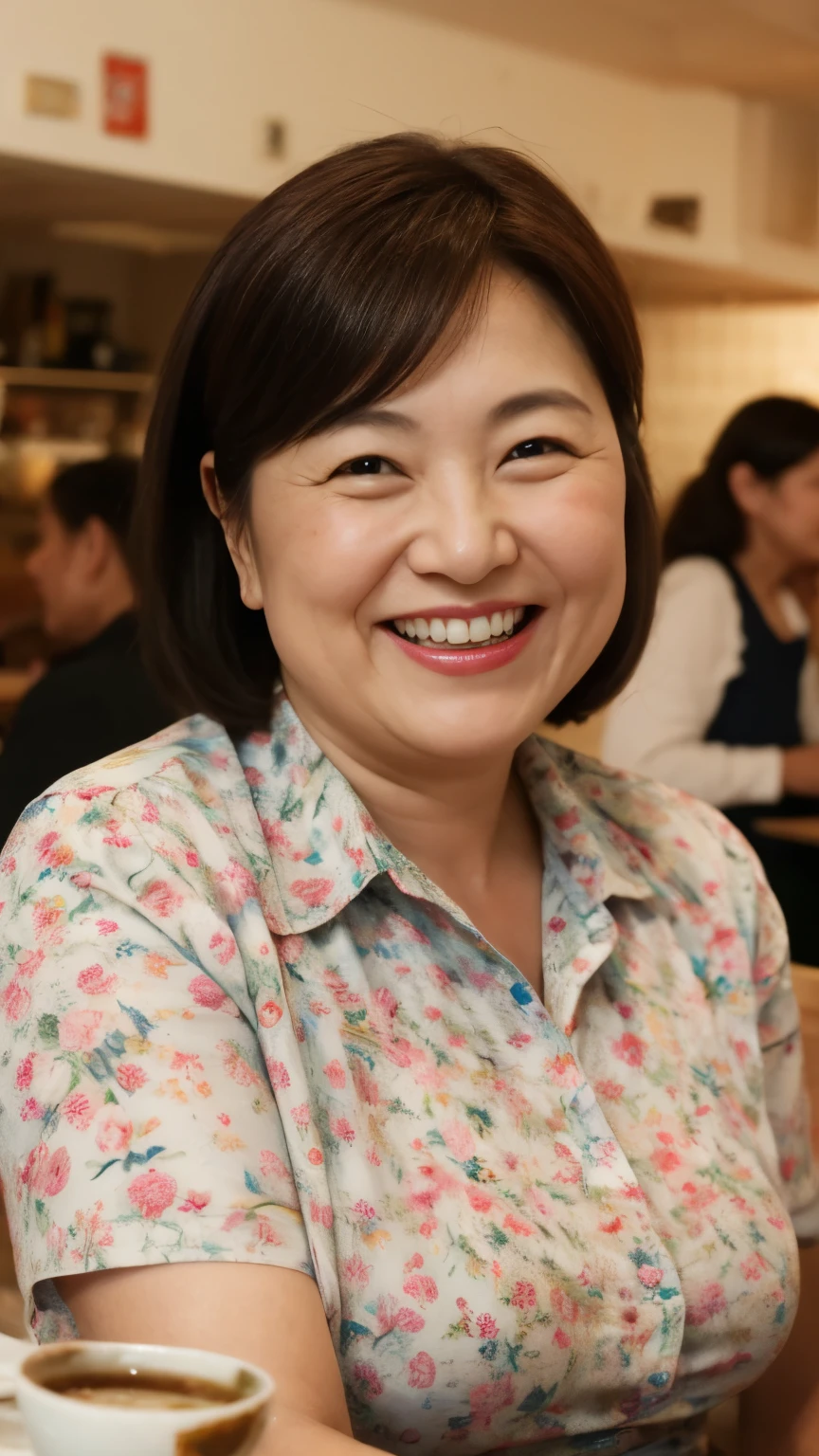 8k wallpaper, masterpiece, Highest quality, Very detailed, One Mature Woman, 50 years old, Become very clear, Wearing a spring-like shirt, Skin dents, Captivating smile, Looking at the audience, , Plump, Curvaceous, Attractive face, Smiling with teeth showing, I was happy, sitting in a cafe, Background Blur