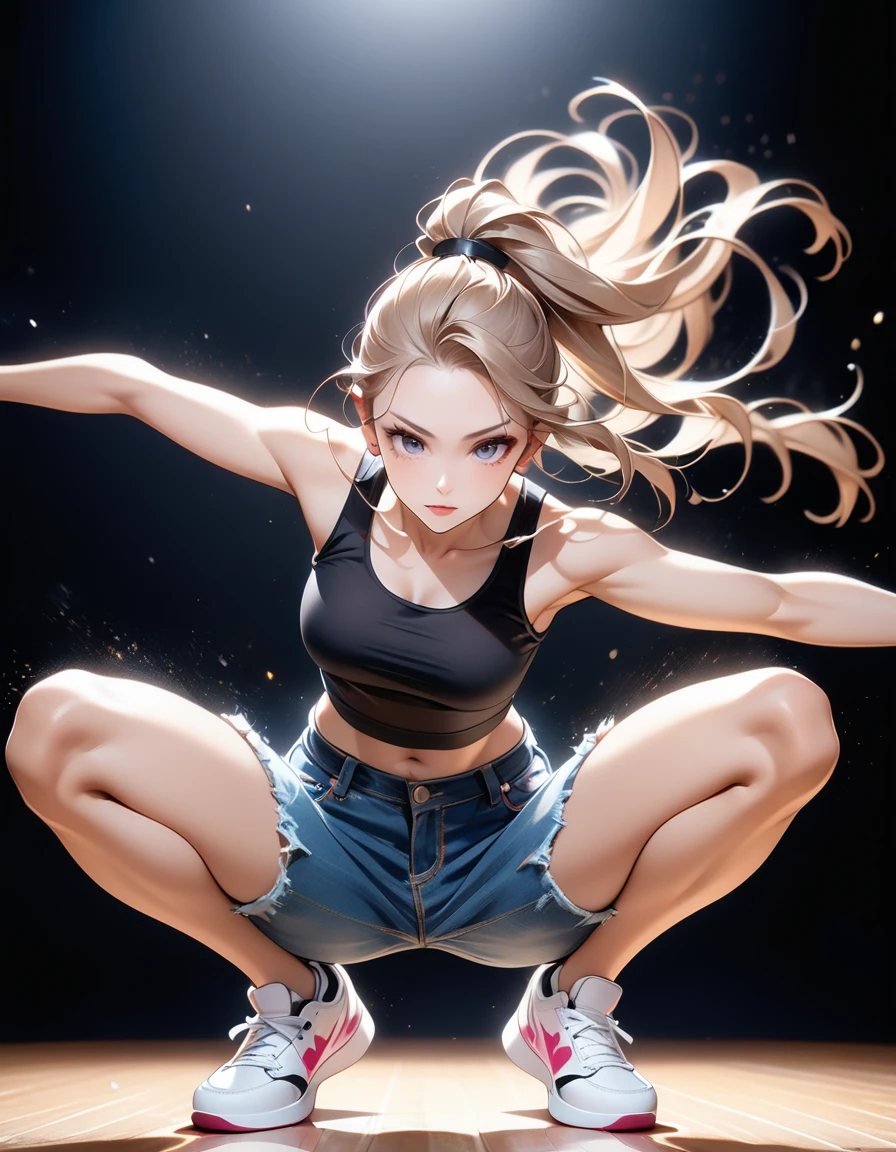 (Generated in SFW:2.0), masterpiece, Highest quality, Realistic photos, RAW Photos, dynamic dancing woman, alone, Beautiful Face, Bangs that fall on the forehead, Casual clothing, (Tight tank top:1.2), (Denim shorts:1.2), Sleeveless, Seductive body lines, alluring looks, break, Cool dance, break, Hip Hop Dance, (Black background color:1.5), (A dark background to make your subject stand out:1.1), (Focus on the eyes), (Full Body Shot:1.2), break, Street dance, Hip Hop Dance, Club dance, dynamic pose, dynamic, Moments that captivate you, Concentrated face, View your audience, bend, Spread your legs, Cool pose, Applying random anagrams to create completely different new works,