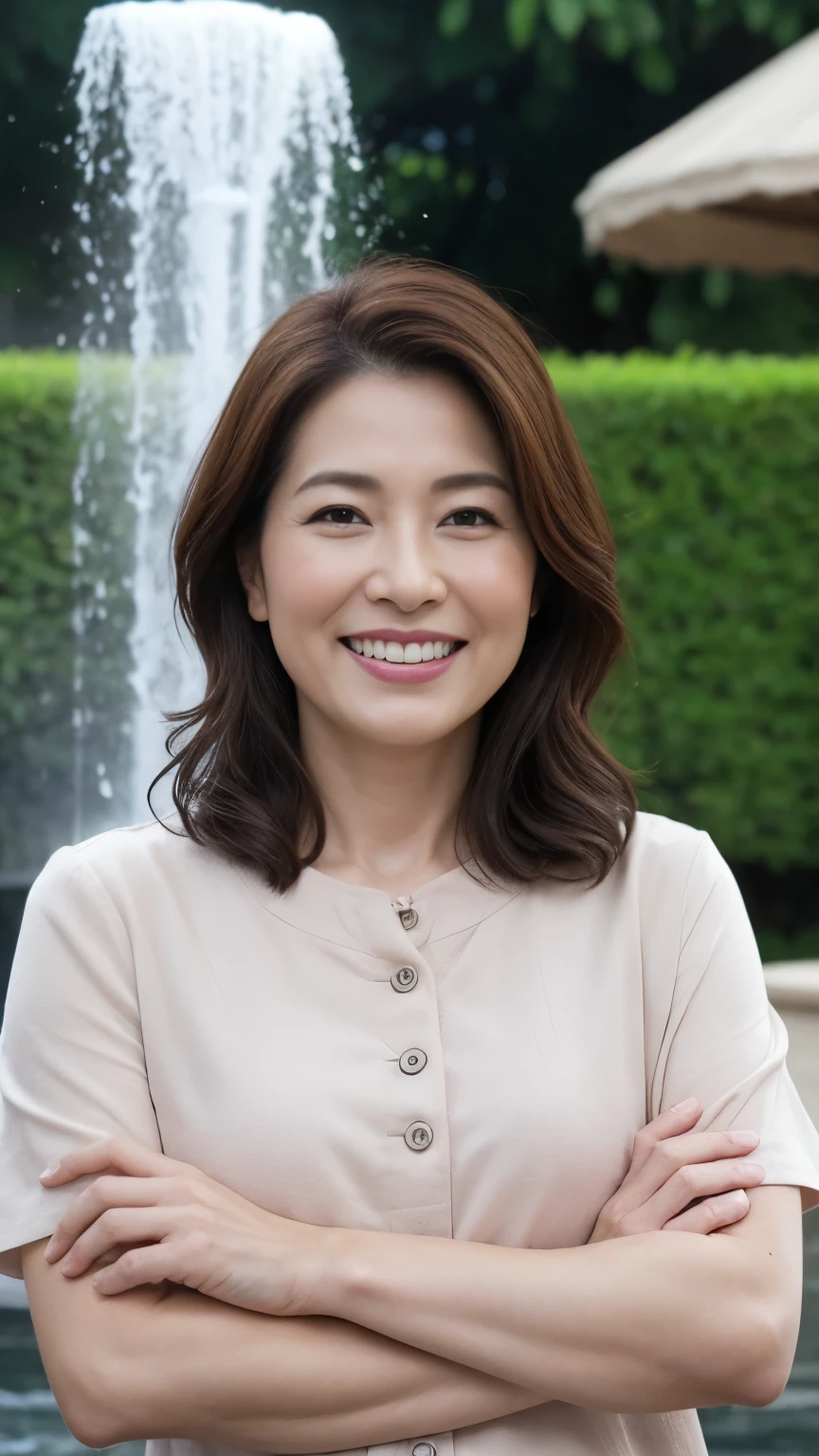 最high quality, In 8K, whole body, Real, Upper Body, high quality, High resolution, Detailed face, Detailed eyes, Thick lips, (Look at the viewers), alone, Middle-aged women, , 60 years old, , Wavy Hair, , Wearing short sleeves, Standing in front of a fountain, Wrinkles around the eyes, Smiling with teeth showing, Background Blur