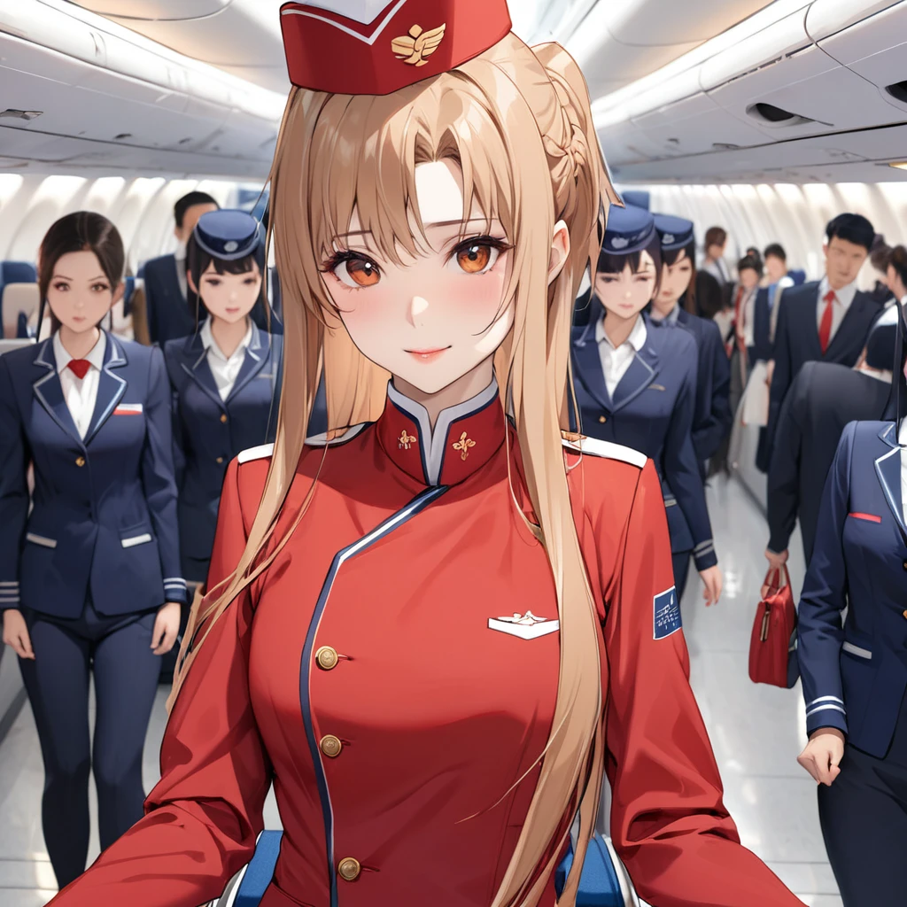((Highest quality)), ((masterpiece)), (detailed), (Perfect Face)、The woman is Yuuki Asuna, a flight attendant for Shandong Airlines, a Chinese woman with light brown, medium-long hair.、The woman is wearing a red Shandong Airlines flight attendant uniform, a uniform scarf and a uniform hat.、She is wearing the bright red uniform that is so typical of China.、Flight attendants were photographed gathering in a line.、The woman is a beautiful Chinese flight attendant