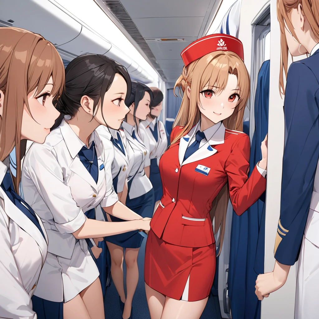 ((Highest quality)), ((masterpiece)), (detailed), （Perfect Face）、The woman is Yuuki Asuna, a flight attendant for Shandong Airlines, a Chinese woman with light brown, medium-long hair.、The woman is wearing a red Shandong Airlines flight attendant uniform, a uniform scarf and a uniform hat.、She is wearing the bright red uniform that is so typical of China.、Flight attendants were photographed gathering in a line.、The woman is a beautiful Chinese flight attendant