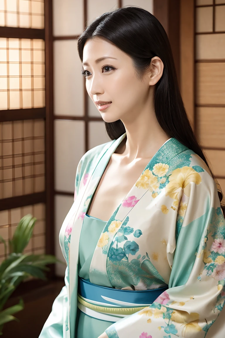(Highest quality、Tabletop、8k、Best image quality、Award-winning works)、(One beautiful mature woman:1.1)、Adult face、(Innkeeper:1.1)、(Elegant floral kimono:1.2)、(V-neck collar:1.1)、(Cleavageが露わになる:1.2)、(Kimono that exposes the chest:1.3)、(Cleavage:1.5)、(Open chest:1.3)、(Large Breasts:1.4)、(Large Breastsの谷間を露出する:1.5)、Perfect mature woman portrait photo、Standing Elegantly、(Blurred elegant and exquisite perfect Japanese style room background:1.3)、(The most natural and perfect tidy Japanese style room background:1.2)、Radiant Skin、Perfect beautiful skin、(Accentuate your body lines:1.1)、(The most graceful posture:1.2)、Perfect beautiful glossy lips、(Accurate anatomy:1.1)、(A perfect and elegant outfit:1.1)、(Standing with good posture:1.1)、(Face close-up:1.1)、(Front facing body:1.2)、Sad expression、Beautiful kimono in random colors
