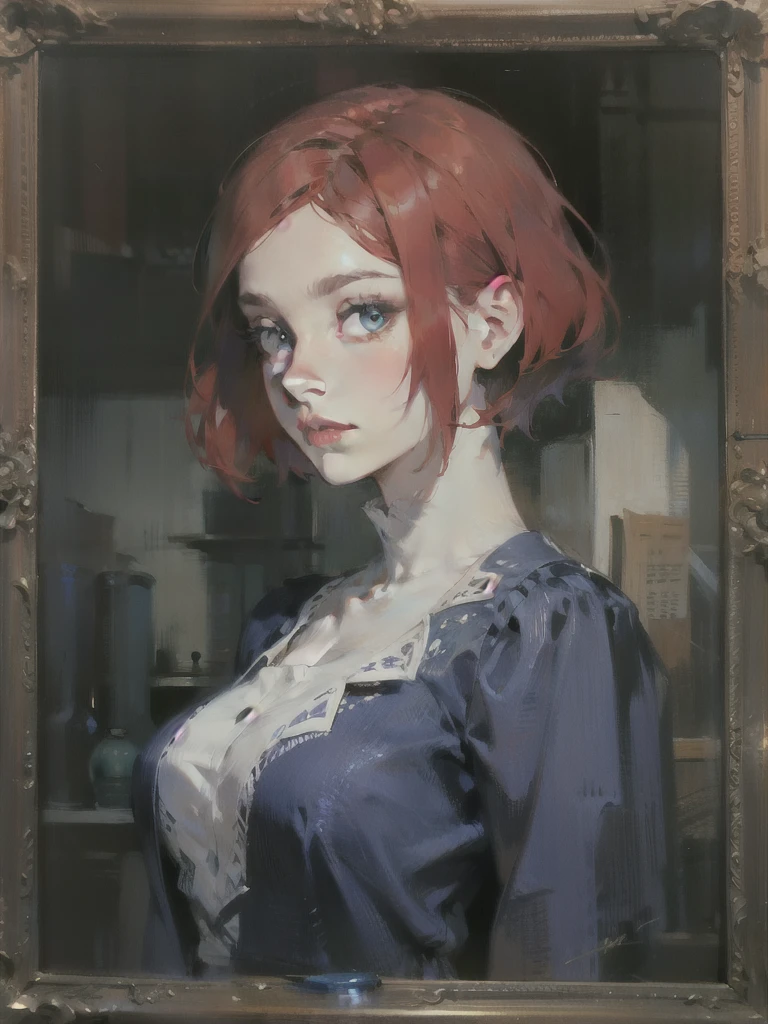 woman, bright red hair, short haircut, blue dress