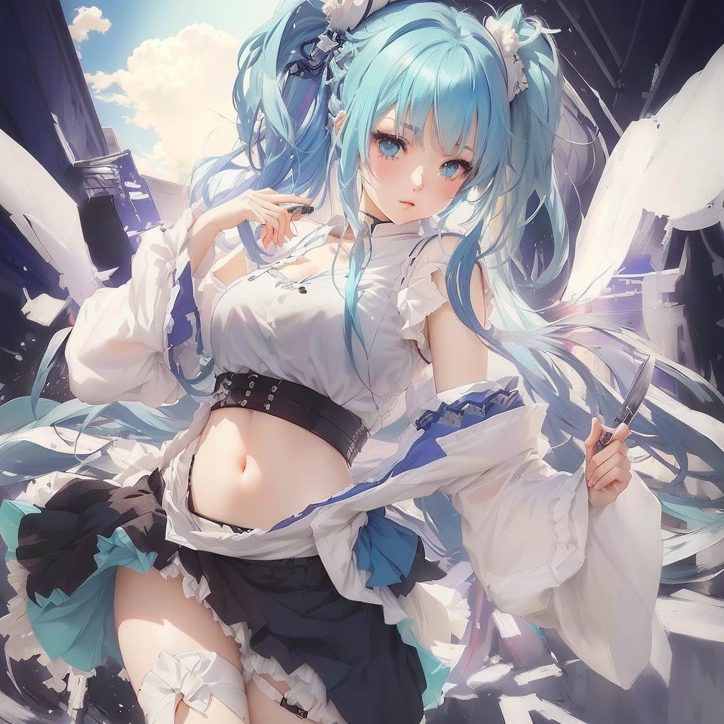 Anime girl with blue hair and white shirt holding a knife, Anime Style 4k, Mikudayo, Nightcore, trending on artstation Pixiv, Pixiv contest winner, top rated on Pixiv, guweiz on Pixiv artstation, digital art on Pixiv, Best anime 4k konachan wallpaper, Pixiv, by Shimo