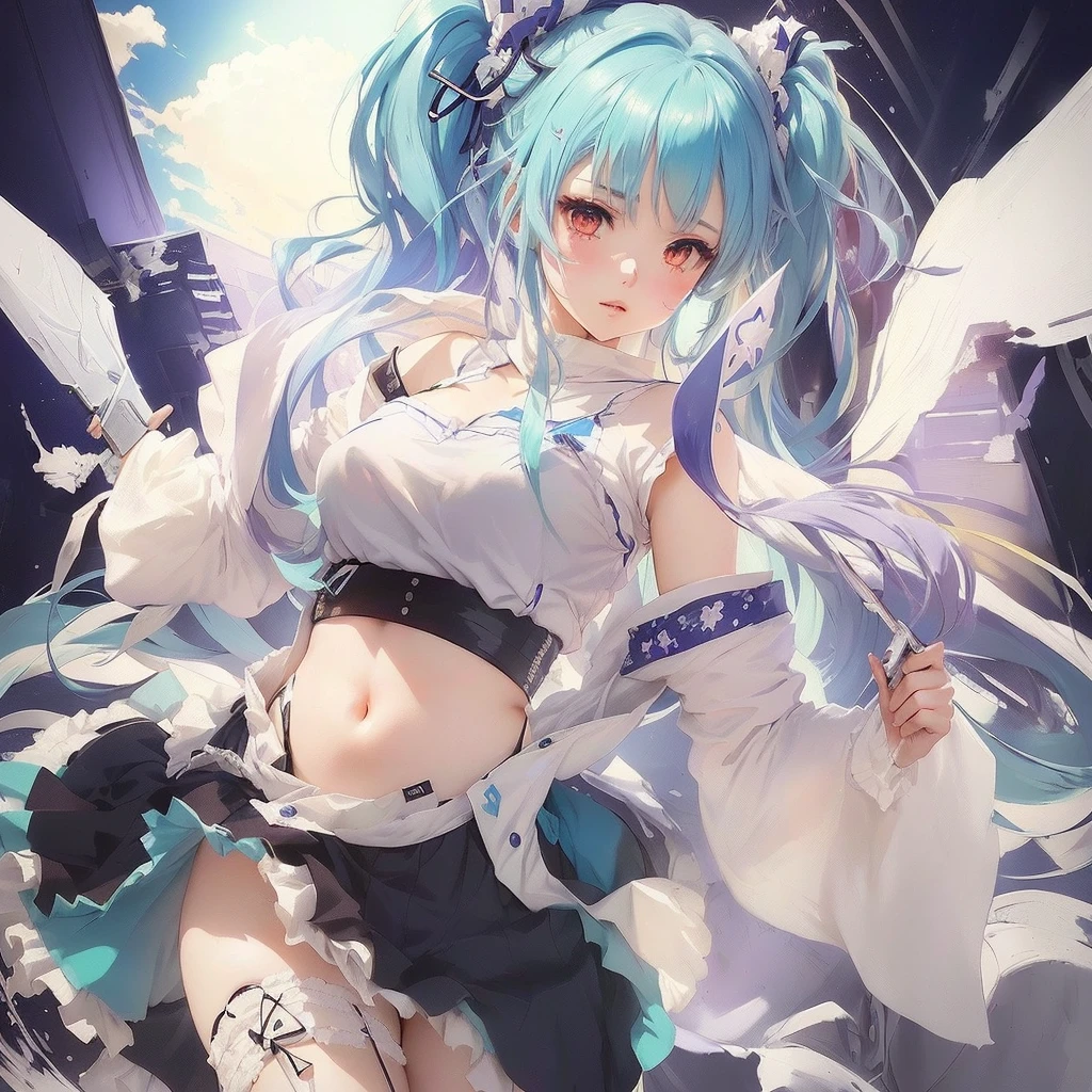 Anime girl with blue hair and white shirt holding a knife, Anime Style 4k, Mikudayo, Nightcore, trending on artstation Pixiv, Pixiv contest winner, top rated on Pixiv, guweiz on Pixiv artstation, digital art on Pixiv, Best anime 4k konachan wallpaper, Pixiv, by Shimo