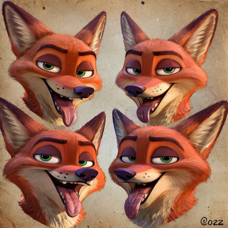 Nick Wilde (Zootopia), Disney Animation, 2D, Looking at viewer, Open Mouth, Tongue Out, Long Tongue, Wide-Eyed, Fox Ears, Anatomically Correct, Seductive Smile, Raised Eyebrow, Oral Invitation, Simple background, Multiple Views, Close-Up, Character Sheet Full-Length, Character Design, Illustration, High Resolution, Super Detailed, Textured Skin