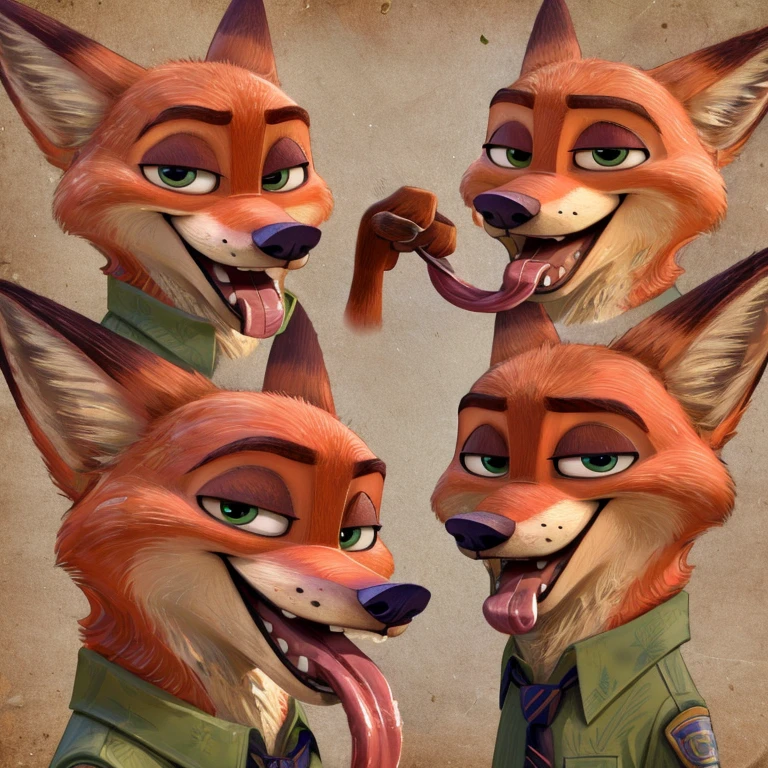 Nick Wilde (Zootopia), Disney Animation, 2D, Looking at viewer, Open Mouth, Tongue Out, Long Tongue, Wide-Eyed, Fox Ears, Anatomically Correct, Seductive Smile, Raised Eyebrow, Oral Invitation, Simple background, Multiple Views, Close-Up, Character Sheet Full-Length, Character Design, Illustration, High Resolution, Super Detailed, Textured Skin