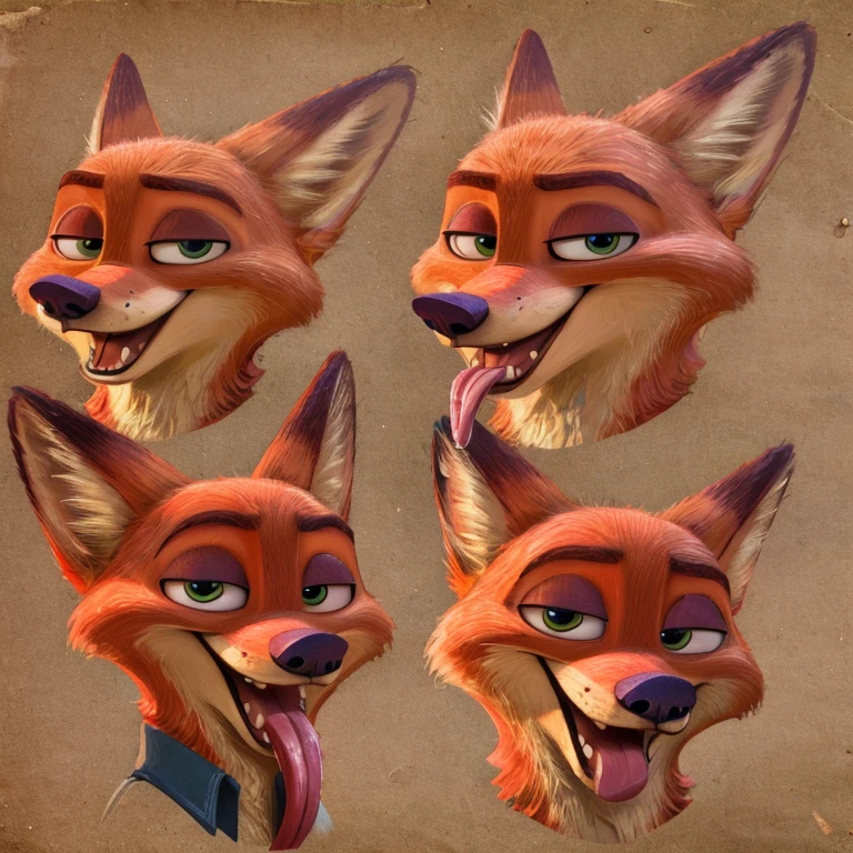 Nick Wilde (Zootopia), Disney Animation, 2D, Looking at viewer, Open Mouth, Tongue Out, Long Tongue, Wide-Eyed, Fox Ears, Anatomically Correct, Seductive Smile, Raised Eyebrow, Oral Invitation, Simple background, Multiple Views, Close-Up, Character Sheet Full-Length, Character Design, Illustration, High Resolution, Super Detailed, Textured Skin