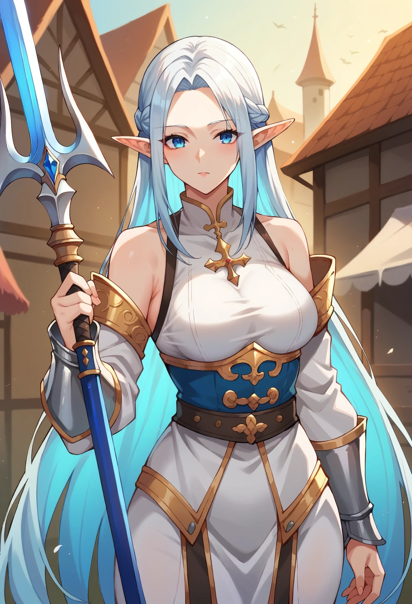 (masterpiece:1.2, Highest quality),(anime), 20-year-old woman,Blue Eyes,Glowing silver hair,Light blue hair,Long Hair,Long pointy ears,I can see your forehead, Swordsman,knight,Holding a sword,Medieval town