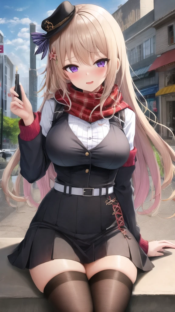masterpiece, best quality, 1girl, sitting, city, white hair, long hair, purple eyes, buttoned shirt, jacket, scarf, skirt, thigh highs