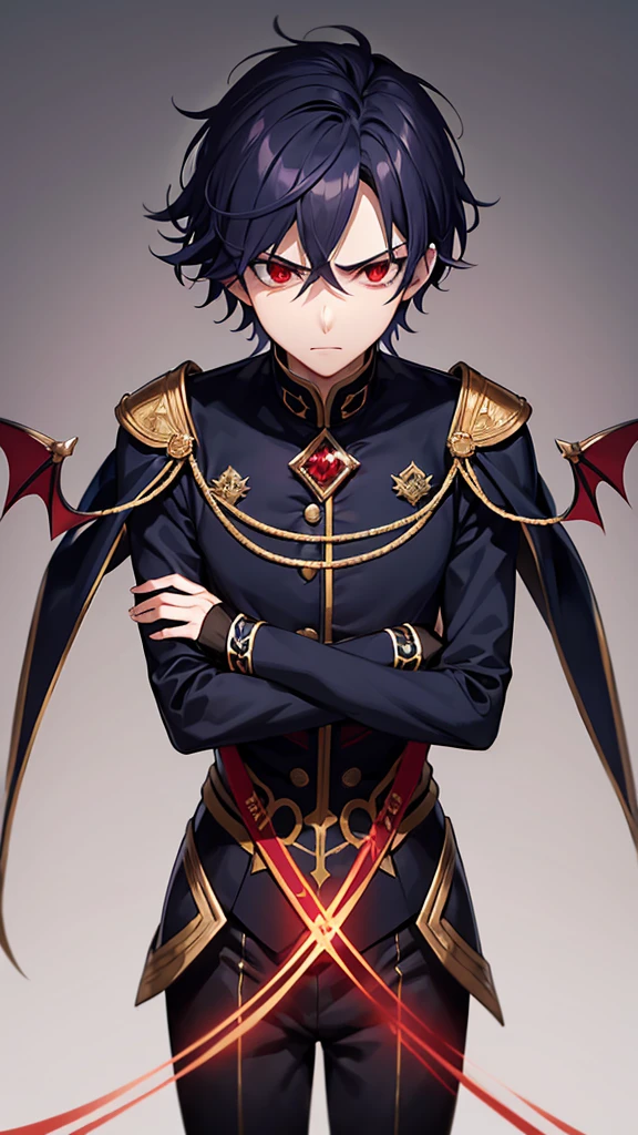 Vampire Prince, elegant dark blue military suit with gold, black sword in its sheath, , red eyes ,sharp look, deep eyes, Short eyelashes, phoenix type eyes, short hair combed back copper red color, SERIOUS LOOK, Crossed arms, Whole body, training camp background