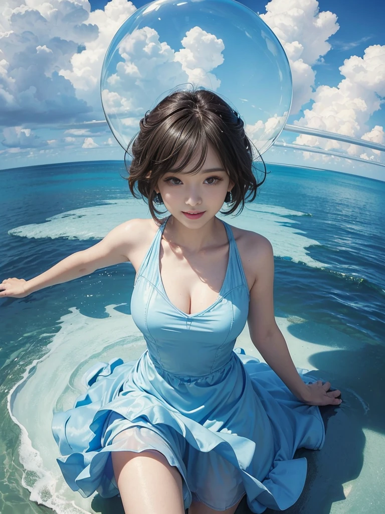 ((highest quality, 8,000 people, masterpiece:1.3)), A 27-year-old sexy woman、concentrate: 1.2, B West, Perfect body beauty: 1.4, ((Layered Haircut:1.2)), (orbit), Highly detailed face and skin texture, White skin, whole body, Look at that, The gap is large., ,Beautiful medium breasts, smile, Beautiful teeth, sweet, blue sky, blue sky, Crushing the Clouds, (Translucent dress), (Wearing a sleeveless short dress)、Layout from above the knee、(Large, rounded eyes and face)、What a lovely smile
