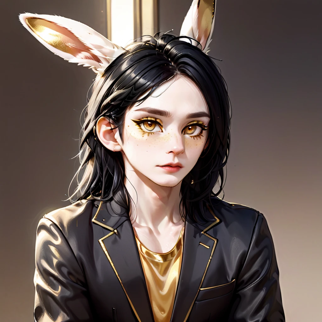Pale skin. bunny ears, scar across right eye. tall. slim yet athletic, golden color eyes. longlength Black hair with streaks of gold. calm. male. black jacket. no human ears.