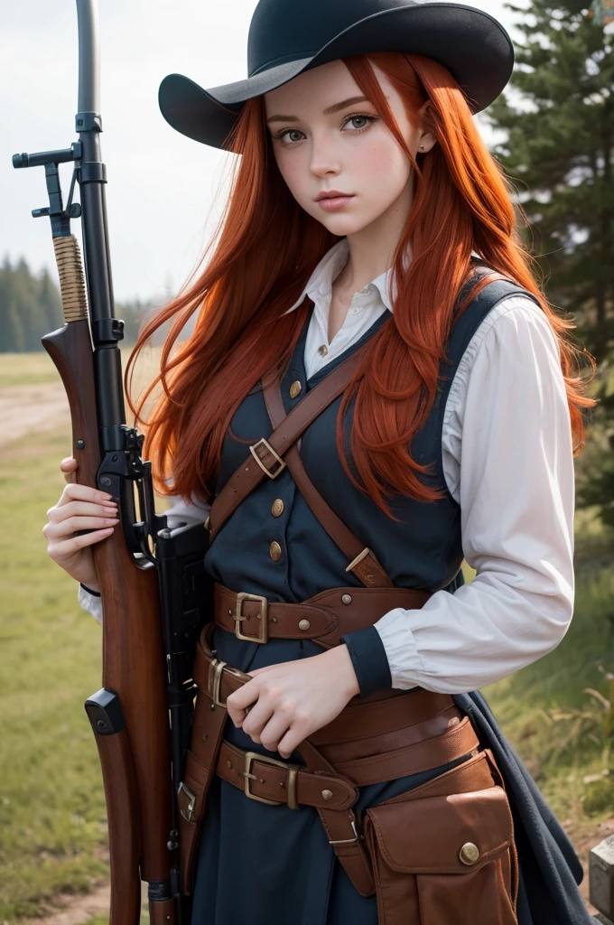 female girl with redhead hair with a gun musket