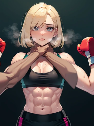 ((viewer chokes mature female boxer girl)), 1st person view, sexy lips, sports bra, ((boxing gloves ,sweat all over the body,（An enthusiastic look）,steam,((two womens)),in crotch, eyes rolling,Ripe body,NSFW,female face,standing back, (cum on clothes:1.3), Abs, violence, bruises, wet, oiled skin, asphyxiation, stranging, pov_strangling, leggings, abs, vomiting 