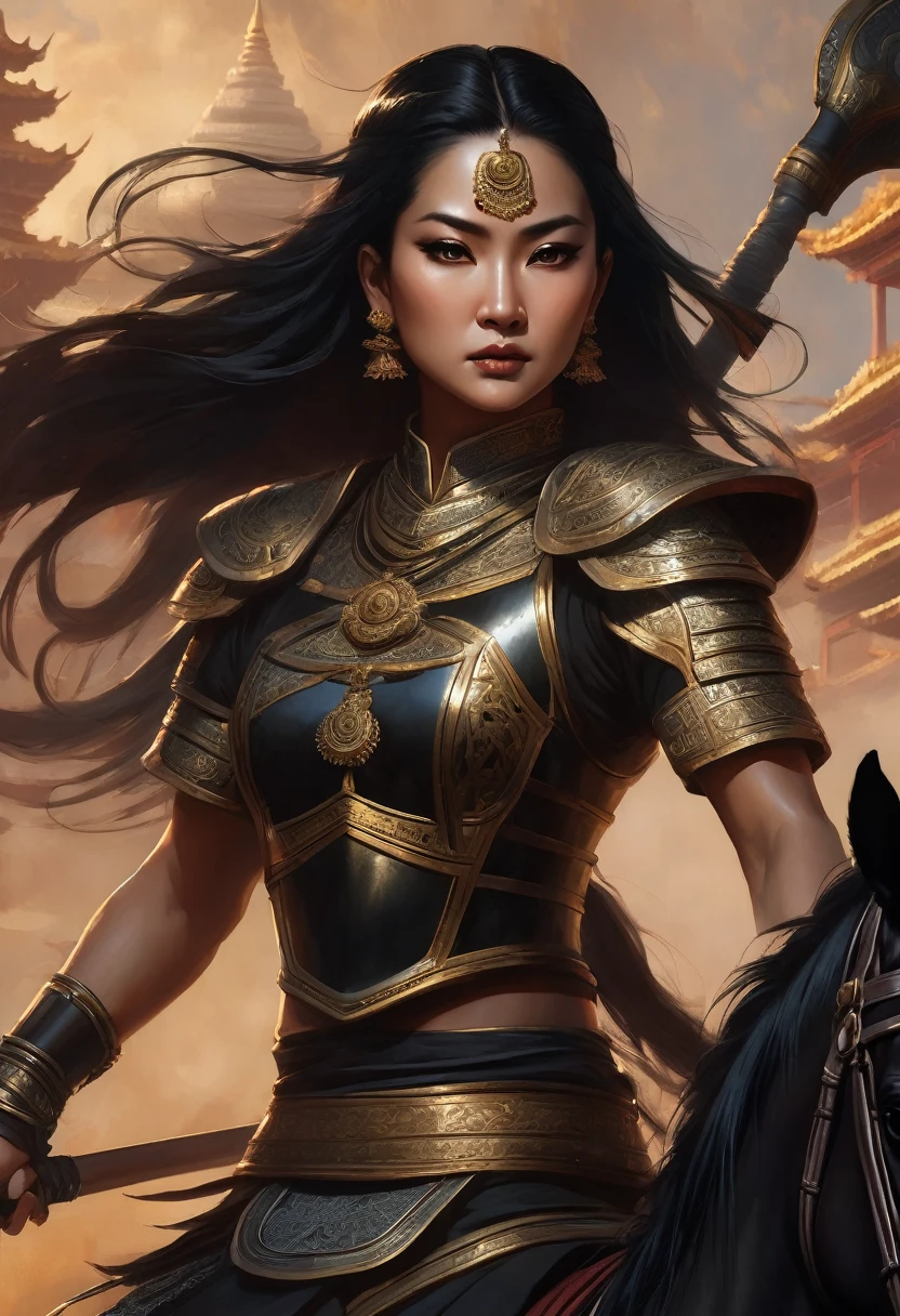 A vertical portrait of a muscular Thai female general with black braided hair and black lipstick , Her brown eyes are intense, and she has intricate yantra character tattoos on her arms.She is clad dark black armor, wielding a large scythe with fine Thai pattems. She sits astride a black horse, leading an army in black armor on horseback. The background depicts an ancient temple with billowing smoke and fluttering black flags, with ravens in the sky. The image radiates a sense of formidable strength and fierceness.
