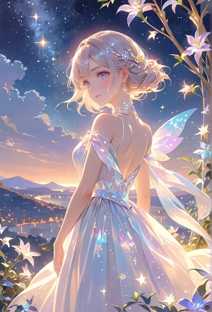 A girl standing alone under the starry night sky, with her silhouette illuminated by the soft moonlight and twinkling stars. Her face is beautifully detailed, with mesmerizing eyes that seem to reflect the universe itself, long and fluttering eyelashes, and exquisitely defined lips. She is dressed in an elegant gown, flowing and ethereal, embracing her figure gracefully as it glimmers with a subtle celestial glow. The intricate details of her dress catch the faint starlight, creating a mesmerizing sparkle. The surrounding landscape showcases a serene garden, lush with vibrant foliage and colorful flowers. The air is filled with a gentle breeze, causing the leaves to rustle and the flowers to sway delicately. The garden is bathed in a warm, dreamy color palette, with hues of deep blues, purples, and hints of silver. The atmosphere is calm and tranquil, evoking a sense of peace and serenity. The artwork is of the highest quality, meticulously created with ultra-detailed brushstrokes and precise attention to every element. The texture and depth of the painting are breathtaking, with a sense of realism and photorealism that captures the awe-inspiring beauty of the night sky. The lighting is soft and diffused, casting a gentle glow over the entire scene, enhancing the magical ambiance. The girl's presence radiates a sense of mystery and wonder, as if she holds a secret connected to the celestial beings above. The overall composition evokes a feeling of timelessness and captures the essence of a StarSign, an artwork that embodies the celestial beauty and inner strength of a girl in harmony with the stars.