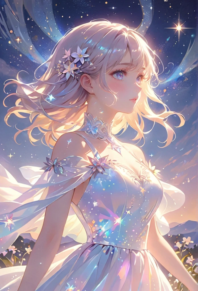 A girl standing alone under the starry night sky, with her silhouette illuminated by the soft moonlight and twinkling stars. Her face is beautifully detailed, with mesmerizing eyes that seem to reflect the universe itself, long and fluttering eyelashes, and exquisitely defined lips. She is dressed in an elegant gown, flowing and ethereal, embracing her figure gracefully as it glimmers with a subtle celestial glow. The intricate details of her dress catch the faint starlight, creating a mesmerizing sparkle. The surrounding landscape showcases a serene garden, lush with vibrant foliage and colorful flowers. The air is filled with a gentle breeze, causing the leaves to rustle and the flowers to sway delicately. The garden is bathed in a warm, dreamy color palette, with hues of deep blues, purples, and hints of silver. The atmosphere is calm and tranquil, evoking a sense of peace and serenity. The artwork is of the highest quality, meticulously created with ultra-detailed brushstrokes and precise attention to every element. The texture and depth of the painting are breathtaking, with a sense of realism and photorealism that captures the awe-inspiring beauty of the night sky. The lighting is soft and diffused, casting a gentle glow over the entire scene, enhancing the magical ambiance. The girl's presence radiates a sense of mystery and wonder, as if she holds a secret connected to the celestial beings above. The overall composition evokes a feeling of timelessness and captures the essence of a StarSign, an artwork that embodies the celestial beauty and inner strength of a girl in harmony with the stars.