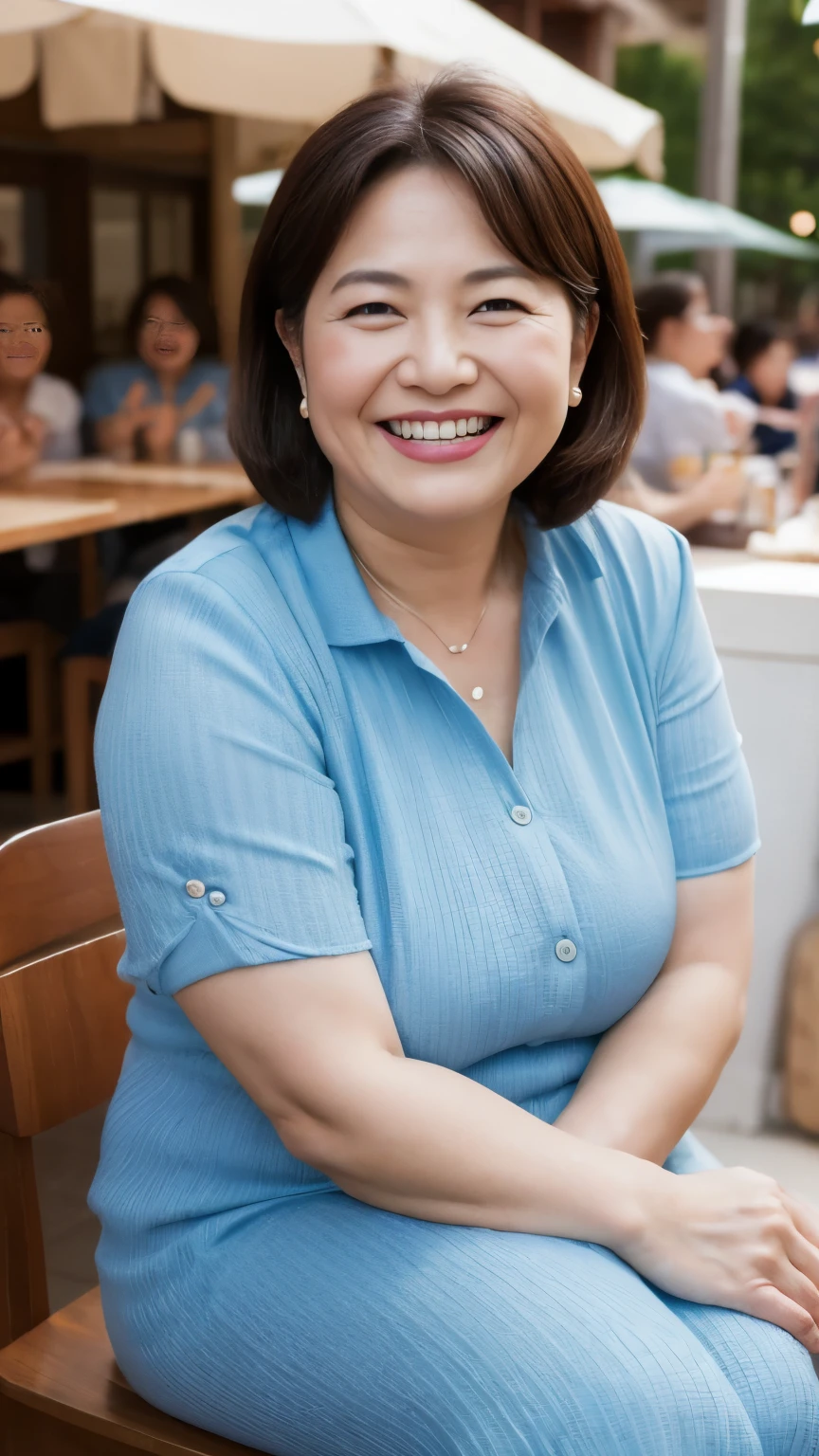 8k wallpaper, masterpiece, Highest quality, Very detailed, One Mature Woman, 50 years old, Become very clear, Wearing a spring-like shirt, Skin dents, Captivating smile, Looking at the audience, , Plump, Curvaceous, Attractive face, Smiling with teeth showing, I was happy, sitting in a cafe, Background Blur