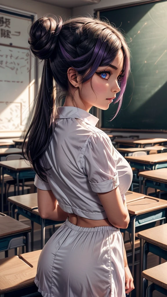 keqing \(genshin impact\), pale purple hair, twintails, purple eye, cone hair bun, double bun, crossed bangs, ((ultra-detailed)), ((illustration)), (beautiful detailed eyes), arms_behind_back,((classroom)),from behind