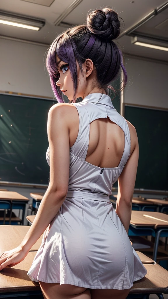 keqing \(genshin impact\), pale purple hair, twintails, purple eye, cone hair bun, double bun, crossed bangs, ((ultra-detailed)), ((illustration)), (beautiful detailed eyes), arms_behind_back,((classroom)),from behind