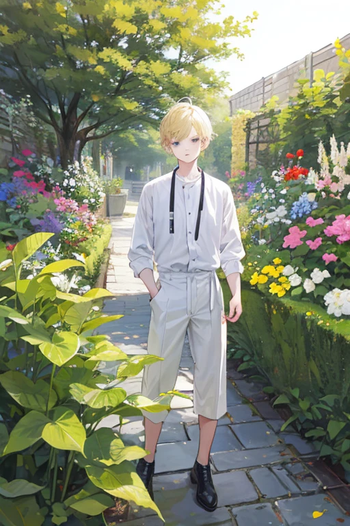 Blond man boy posing in a garden