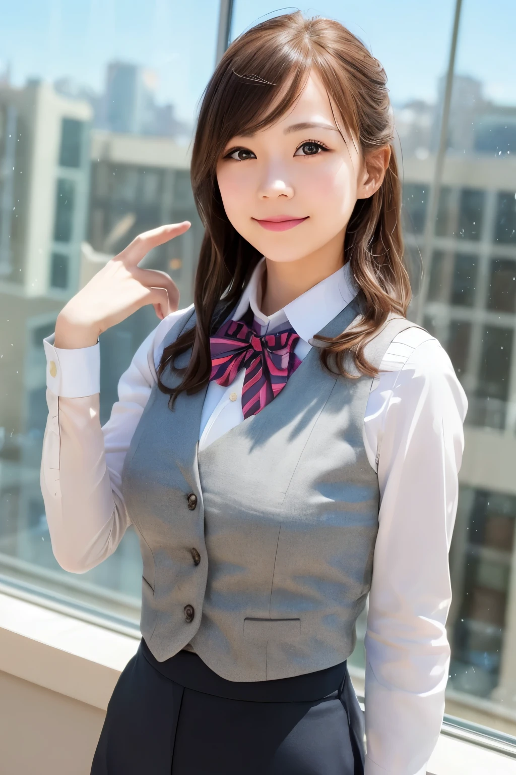 1girl, matured female, vest, bow, photo, realistic, best quality, hires, detailed face, office, buildings from window, detailed background, diffused sunlight, depth of field, bokeh