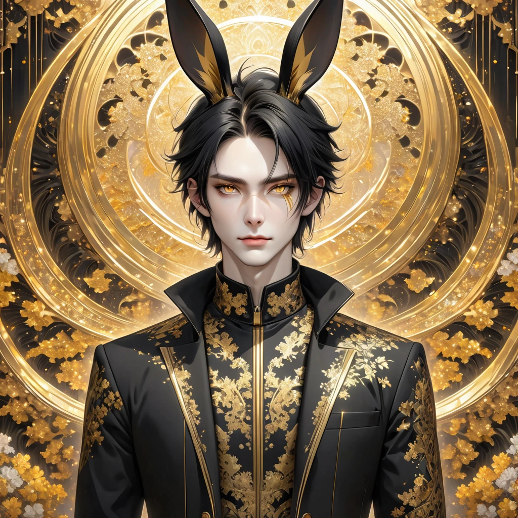 *8k Masterpiece, Top Quality, Best Quality, Official Art, (Beauty and Aesthetics: 1.3), Extremely Detailed, (Fractal Art: 1.3), Pale skin. bunny ears, scar across right eye. tall. slim yet athletic, golden color eyes. longlength Black hair with streaks of gold. calm. male. black jacket. no human ears.