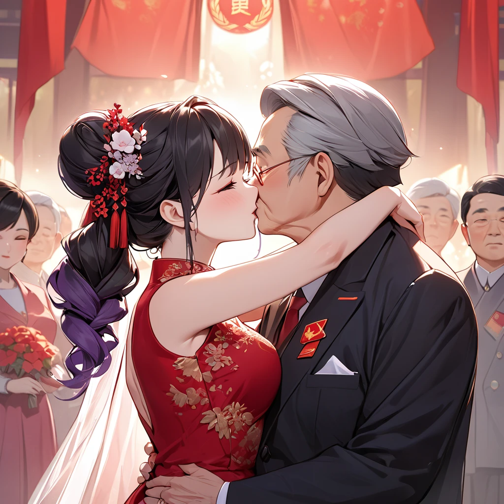 ((Highest quality)), ((masterpiece)), (detailed), (Perfect Face)、The woman is a Chinese woman named Kocho Shinobu.。, Purple gradient bob black hair and formal evening hairstyles. She is wearing an engagement ring. She is a prominent member of the Chinese Communist Party.、She is the wife of a great old Communist Party official.、The woman is wearing a gorgeous red wedding dress that is typical of the Chinese Communist Party.、She is seen in a passionate wedding ceremony with a dignified elderly Communist Party official, embracing him passionately and kissing him in a deep vow.。A loving Chinese Communist couple