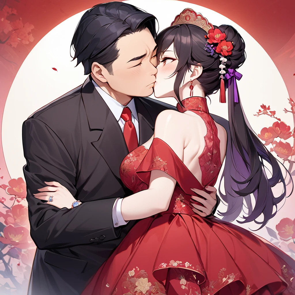 ((Highest quality)), ((masterpiece)), (detailed), （Perfect Face）、The woman is a Chinese woman named Kocho Shinobu.。, Purple gradient bob black hair and formal evening hairstyles. She is wearing an engagement ring. She is a prominent member of the Chinese Communist Party.、She is the wife of a great old Communist Party official.、The woman is wearing a gorgeous red wedding dress that is typical of the Chinese Communist Party.、She is seen in a passionate wedding ceremony with a dignified elderly Communist Party official, embracing him passionately and kissing him in a deep vow.。A loving Chinese Communist couple