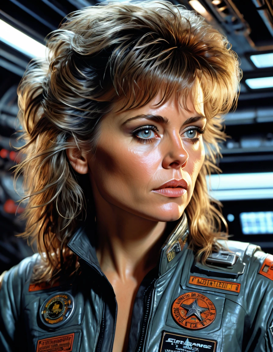 A (waist up:1.2) cinematic photorealistic color digital painting of Ellen Louise Ripley with the (80's heavy metal rock star hair style:1.2) at star ship cargo Nostromo Cimmand Bay, detailed face, insanely detailed and intricate, crisp sharp and clear, volumetric lighting, ultra-high resolution, masterpiece hyper realistic artwork of Don Lawrence, centered, Professional color grading by Kenneth Hines Jr.