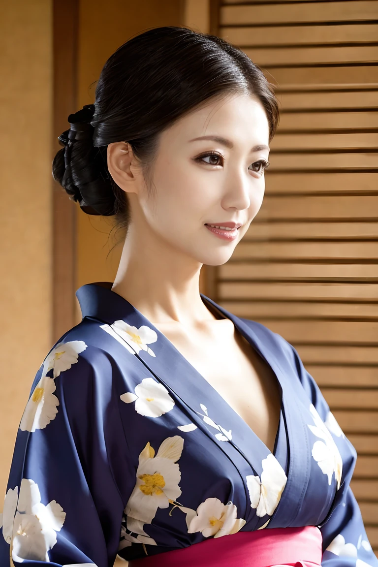 (Highest quality、Tabletop、8k、Best image quality、Award-winning works)、(One beautiful mature woman:1.1)、(Wrinkled aged face:1.1)、Adult face、(Innkeeper:1.1)、(Elegant floral kimono:1.2)、(V-neck collar:1.1)、(Cleavageが露わになる:1.2)、(Kimono that exposes the chest:1.3)、(Cleavage:1.5)、(Open chest:1.3)、(Large Breasts:1.4)、(Large Breastsの谷間を露出する:1.5)、Perfect mature woman portrait photo、Standing Elegantly、(Blurred elegant and exquisite perfect Japanese style room background:1.3)、(The most natural and perfect tidy Japanese style room background:1.2)、Radiant Skin、Perfect beautiful skin、(Accentuate your body lines:1.1)、(The most graceful posture:1.2)、Perfect beautiful glossy lips、(Accurate anatomy:1.1)、(A perfect and elegant outfit:1.1)、(Standing with good posture:1.1)、(Face close-up:1.1)、(Front facing body:1.2)、Sad expression、Beautiful kimono in random colors、Chignon