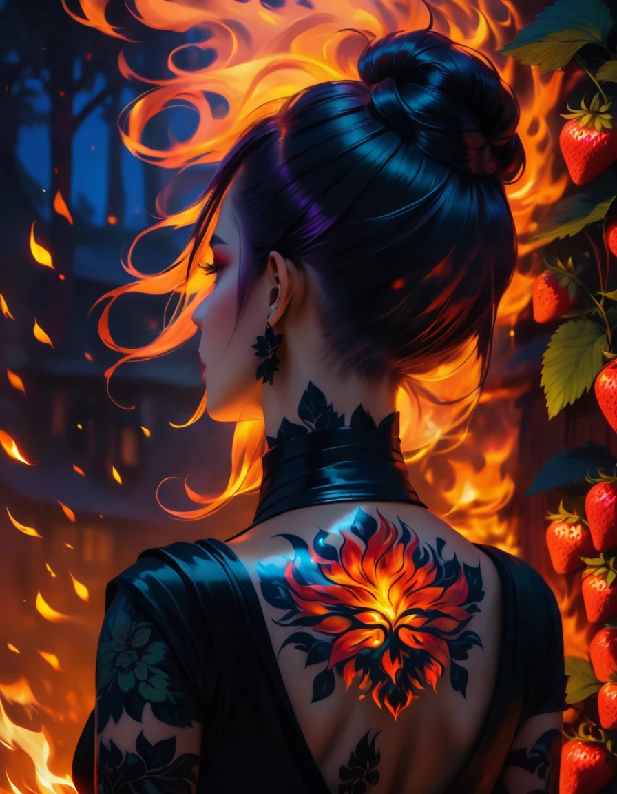 Arafed, Dark fantasy art, fantasy art, goth art, a picture of a tattoo on the back of a female elf, a glowing tattoo of a ((strawberry: 1.3)) on the elf's back, the ((strawberry tattoo: 1.3)) is vivid, intricate detailed,  GlowingRunesAI_purple, ((fire surrounds the strawberry: 1.5)), shoot taken from the back, ((the back is visible: 1.3), she wears a transparent black dress, the dress is elegant, flowing, elven style, that the tattoos glow, dynamic hair color, dynamic hair style,  vibrant, Ultra-high resolution, High Contrast, (masterpiece:1.5), highest quality, Best aesthetics), best details, best quality, highres, 16k, (ultra detailed: 1.5), masterpiece, best quality, (extremely detailed) RAW, (ultra details, Masterpiece, best quality) faize, Digital Painting, 
