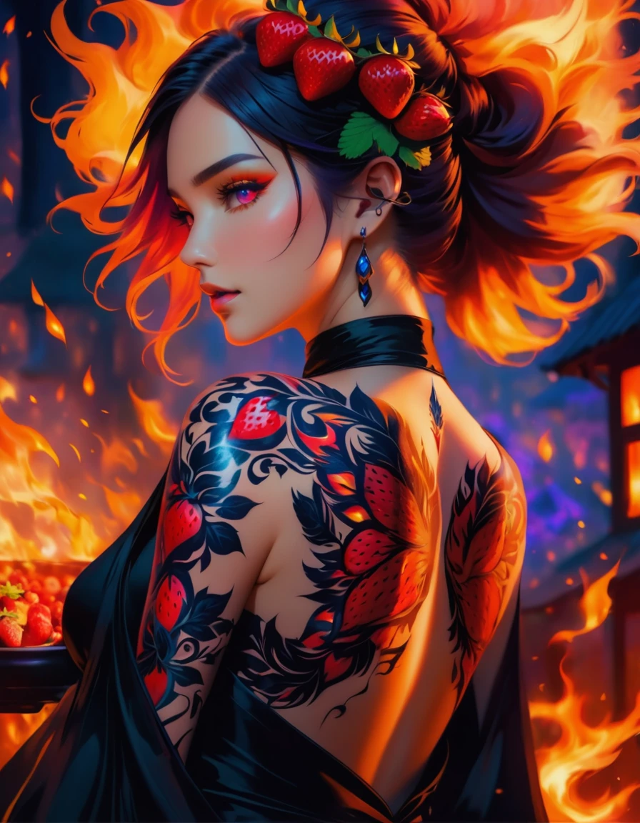 Arafed, Dark fantasy art, fantasy art, goth art, a picture of a tattoo on the back of a female elf, a glowing tattoo of a ((strawberry: 1.3)) on the elf's back, the ((strawberry tattoo: 1.3)) is vivid, intricate detailed, GlowingRunesAI_purple, ((fire surrounds the strawberry: 1.5)), shoot taken from the back, ((the back is visible: 1.3), she wears a transparent black dress, the dress is elegant, flowing, elven style, that the tattoos glow, dynamic hair color, dynamic hair style, vibrant, Ultra-high resolution, High Contrast, (masterpiece:1.5), highest quality, Best aesthetics), best details, best quality, highres, 16k, (ultra detailed: 1.5), masterpiece, best quality, (extremely detailed) RAW, (ultra details, Masterpiece, best quality) faize, Digital Painting,