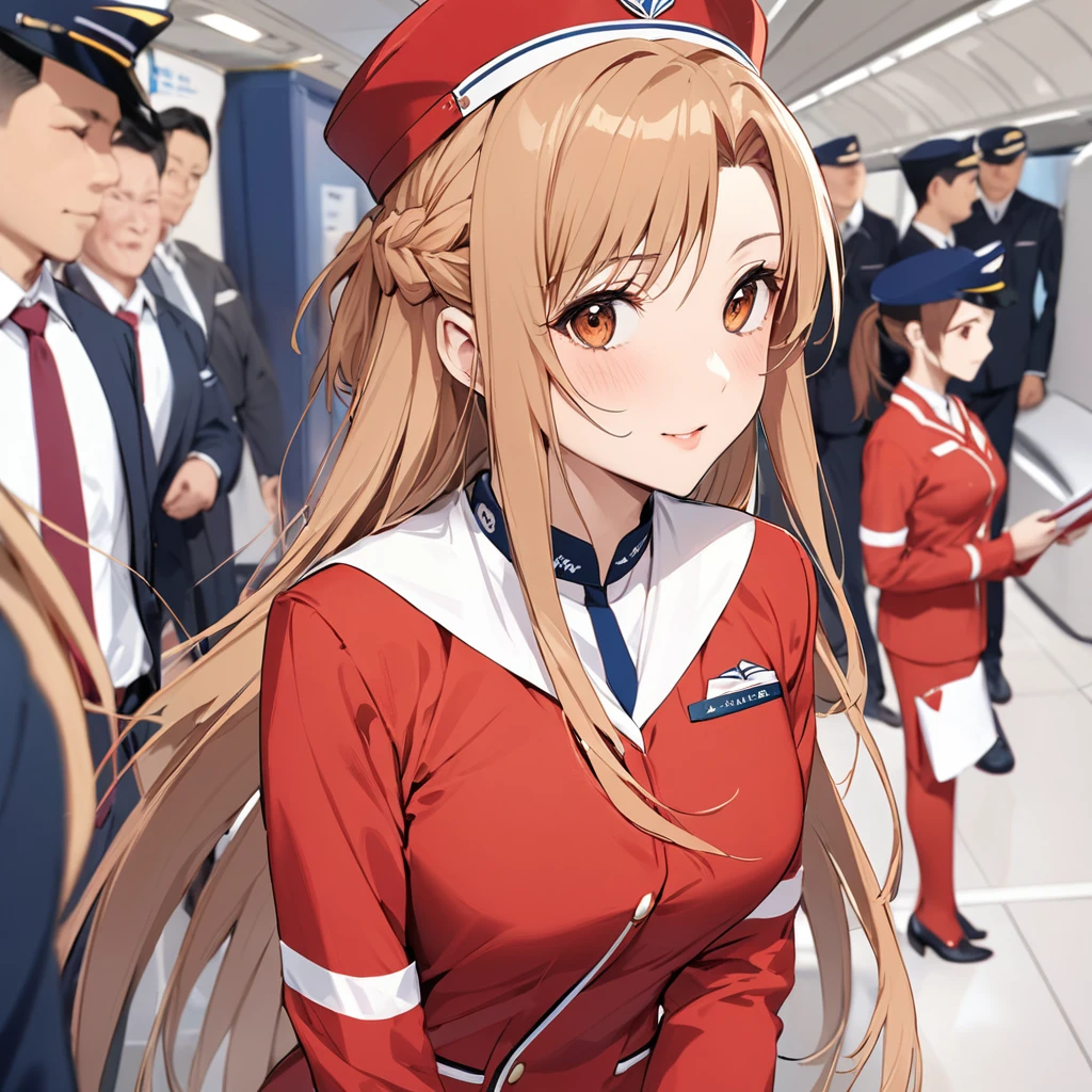 ((Highest quality)), ((masterpiece)), (detailed), （Perfect Face）、The woman is Yuuki Asuna, a flight attendant for Shandong Airlines, a Chinese woman with light brown, medium-long hair.、The woman is wearing a red Shandong Airlines flight attendant uniform, a uniform scarf and a uniform hat.、She is wearing the bright red uniform that is so typical of China.、Flight attendants were photographed gathering in a line.