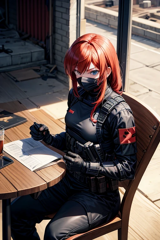 a redhead anime girl, soldier in a black combat suit, a black mask, with two katanas sheathed on his back, an assault rifle on a table, sitting in a chair next to a table, in an abandoned warehouse reading files.