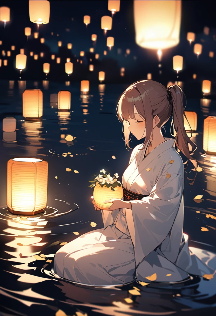 Highest quality、High resolution、Detailed Background、Beautiful face in every detail、Normal number of fingers、Highly detailed face、age beauty、Perfect body line、Bobcut、ponytail、Twin tails、Obon season、A scene unique to Obon、A warm scene、At dusk、
The lights of the river lanterns sway on the surface of the river.、In the light, a girl in a white yukata is projected.、The girl carefully lights the river lantern.、We are praying with our hands together、
Ancestors with a gentle expression々It conveys the feeling of mourning the、Next, the girl begins to float flowers on the river lantern.、Red or white、Small yellow petals spread across the surface of the river.、The girl puts flowers in her hands and gently floats the river lantern down the river.、I am fascinated by the river lights floating away on the current.、Xu々As night deepens、The surroundings are enveloped in darkness、But the girl seems to be surrounded by the soft light of the river lanterns.、In this quiet moment, a gentle thought dwells in the girl's eyes.、You can feel the overlap of gratitude to one's ancestors and hopes for the future.、There is a custom of sending off the spirits of ancestors by floating lanterns down the river.