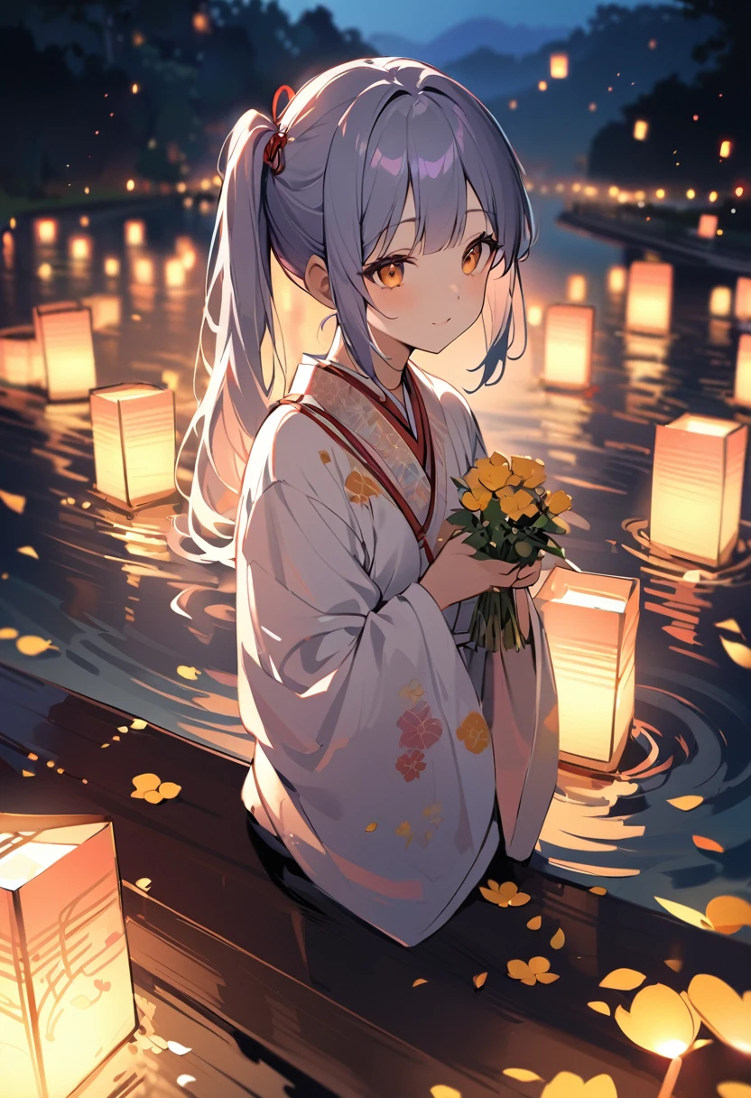 Highest quality、High resolution、Detailed Background、Beautiful face in every detail、Normal number of fingers、Highly detailed face、Teenage beauty、Perfect body line、Bobcut、ponytail、Twin tails、Obon season、A scene unique to Obon、A warm scene、At dusk、
The lights of the river lanterns sway on the surface of the river.、In the light, a girl in a white yukata is projected.、The girl carefully lights the river lantern.、We are praying with our hands together、
Ancestors with a gentle expression々It conveys the feeling of mourning the、Next, the girl begins to float flowers on the river lantern.、Red or white、Small yellow petals spread across the surface of the river.、The girl puts flowers in her hands and gently floats the river lantern down the river.、I am fascinated by the river lights floating away on the current.、Xu々As night deepens、The surroundings are enveloped in darkness、But the girl seems to be surrounded by the soft light of the river lanterns.、In this quiet moment, a gentle thought dwells in the girl's eyes.、You can feel the overlap of gratitude to one's ancestors and hopes for the future.、There is a custom of sending off the spirits of ancestors by floating lanterns down the river.
