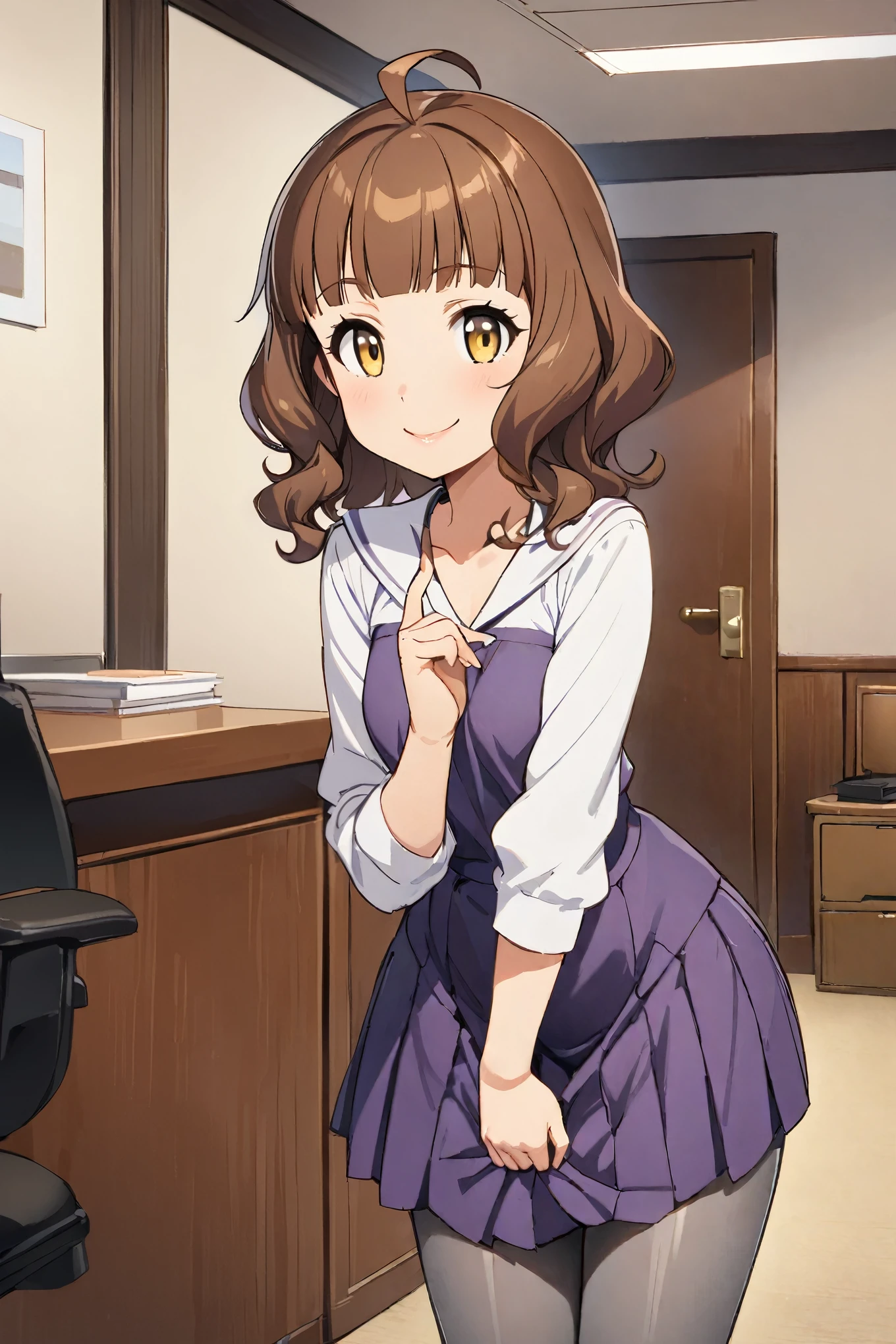 ((masterpiece,Highest quality)), High resolution, cute, eyelash, Upper Body, smile, Leaning forward, Put your finger on your lips, One girl, alone, Long Hair, chest, View your viewers, smile, One Girl, alone, (indoor, office, living room),
kishinami \(Fleet Collection\), Ahoge, Brown Hair, short hair, Wavy Hair, Yellow Eyes, Blunt bangs, 小さいchest,
, Grey pantyhose, Long sleeve, Pleated dress, Purple Dress, school uniform, Seamed legwear, White shirt, Halter neck, boots, whole body, Are standing,((panties)), Skirt Lift