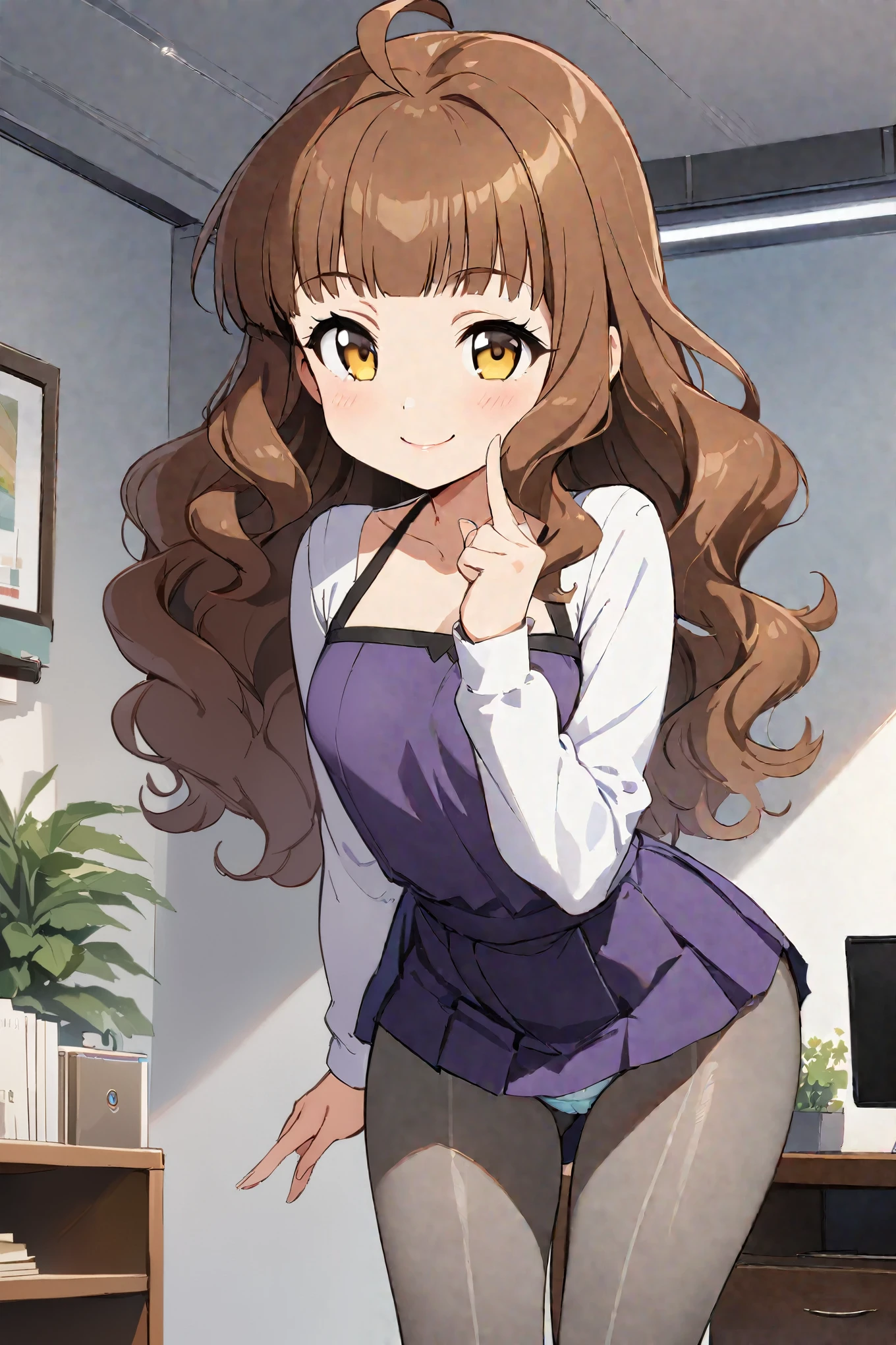 ((masterpiece,Highest quality)), High resolution, cute, eyelash,    Upper Body, smile, Leaning forward, Put your finger on your lips, One girl, alone, Long Hair, chest, View your viewers, smile, One Girl, alone, (indoor, office, living room), 
kishinami \(Fleet Collection\), Ahoge, Brown Hair, short hair, Wavy Hair, Yellow Eyes, Blunt bangs, 小さいchest, 
, Grey pantyhose, Long sleeve, Pleated dress, Purple Dress, school uniform, Seamed legwear, White shirt, Halter neck, boots, whole body, Are standing,((panties)), Skirt Lift