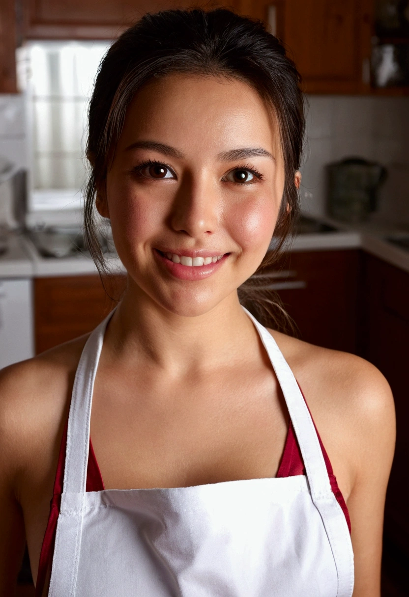 1 beautiful girl,Aprons,But nothing,White skin,Looking at viewert,Brown eyes,real,in the kitchen,ssmile,Low chest,Huge nipple, behind, destroyed ass, looking back, sweating, heavy sweat, opening huge legs, urine, shame, blushing face, high definition, light reflection,