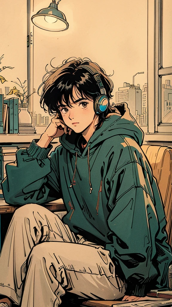 80s anime style: Wide shot of cool 21-year-old boy with long black hair in dimly lit bedroom at night. Sitting at desk with books, wearing headphones and loose parka. Coffee, relax. Kind face looking at viewer. Full body visible in relaxed pose. Room lit by desk lamp. Large window shows vibrant Tokyo night cityscape with neon lights. High-quality illustration emphasizing contrast between dark room and bright city lights.