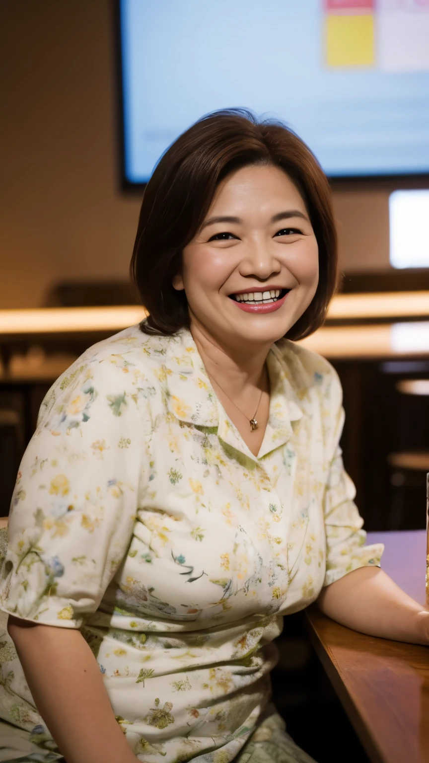 8k wallpaper, masterpiece, Highest quality, Very detailed, One Mature Woman, 50 years old, Become very clear, Wearing a spring-like shirt, Skin dents, Captivating smile, Looking at the audience, , Plump, Curvaceous, Attractive face, Smiling with teeth showing, I was happy, sitting in a cafe, Background Blur